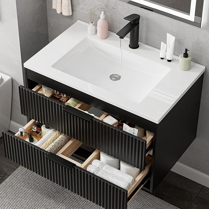 30 Inches Modern MDF Bathroom Vanity with Sink, Wall Mounted Floating Cabinets w/Double Drawers, Black Handles, White Resin Sink Combo Set (Black, 30")
