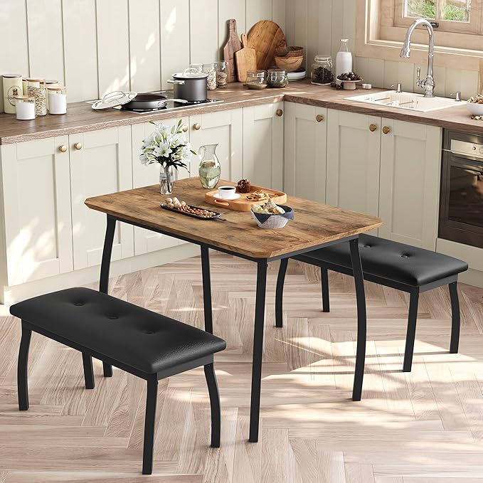 Dining Table for 4, 3-Piece Kitchen Table Set for 4 with Wooden Tabletop and Metal Frame, Industrial Kitchen Table with 2 PU Leather Benches for Bar, Dining Room, Restaurant(43''x28''x30''), Retro