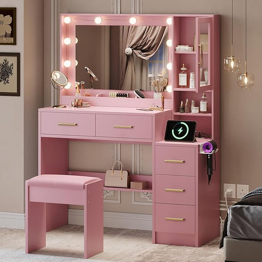 Makeup Vanity with Lights & Charging Station, Pink Vanity Table with 5 Drawers & Open Storage Shelves, Vanity Desk with Mirror & Lights, Dressing Table Set, Bedroom Makeup Table Set Gold Handle