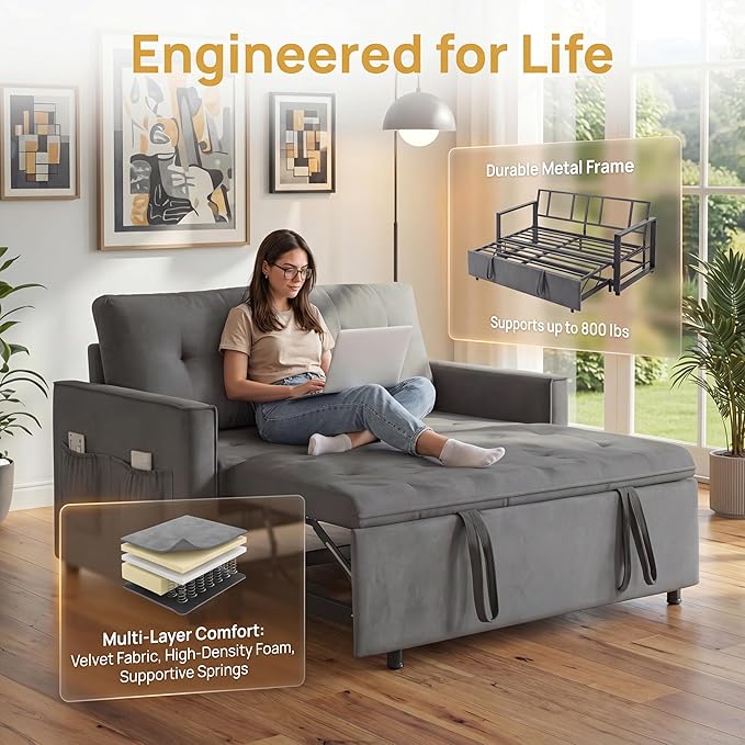 Convertible Sofa Bed, Pull Out Couch with Side Pockets, 3 in 1 Velvet Fabric Loveseat Sleeper Sofa Bed, Pull Out Couch with Adjustable Backrest for Living Room, Bedroom, Apartment, Black