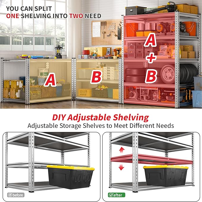 2200LBS Heavy Duty Storage Shelves, 5-Tier Adjustable Metal Shelving Unit with Waterproof PP Boards,Garage Storage Rack for Pantry Basement Warehouse,35"W x 16"D x 72"H,2 Pack Sliver Shelves