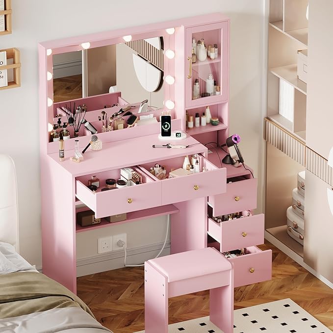 TOKSOM Makeup Vanity with Lights & Charging Station, Pink Vanity Table with 5 Drawers & Open Storage Shelves, Bedroom Makeup Dressing Table Set for Women Girls Round Handles