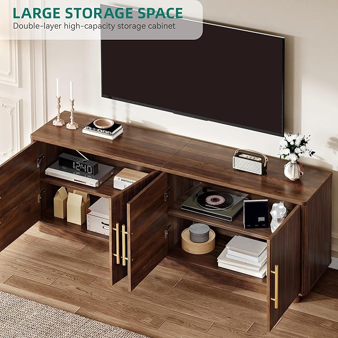 YITAHOME TV Stand for TVs up to 80 Inches, Media Console with 4 Fluted Doors, 70" Entertainment Center with Ample Storage for Living Room(Natural Oak)