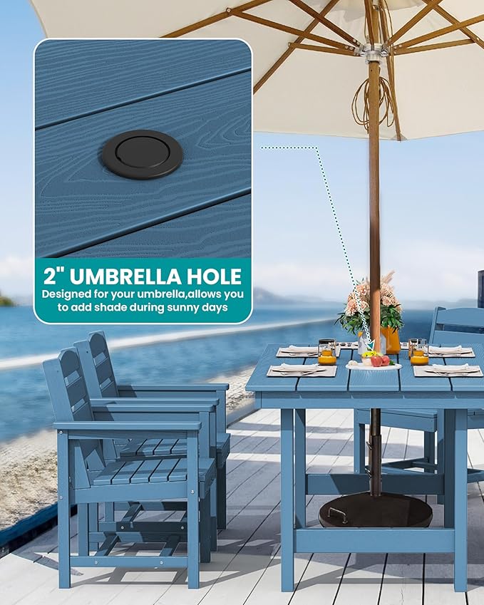 SERWALL Patio Table Set, Outdoor HDPE Dining Furniture with Umbrella Hole, All Weather for Lawn, Garden, Backyard, Poolside, Blue | with Umbrella Hole
