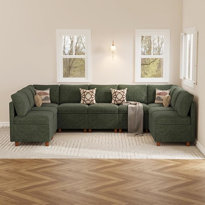 SITJOY Breakfast Nook Bench with Storage, Modular Corner Kitchen Banquette Seating, Dining Settee Couch, Upholstered Dining Bench with Back, Soft-to-Touch Fabric in Green, 9-Seat U Shaped Nook