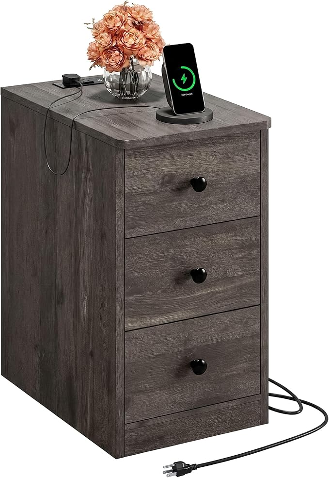 LIKIMIO Nightstand with Charging Station, Narrow Bedside Table with 3 Drawers, End Table with USB Ports and Outlets, Side Table for Living Room/Bedroom Modern, Charcoal Grey