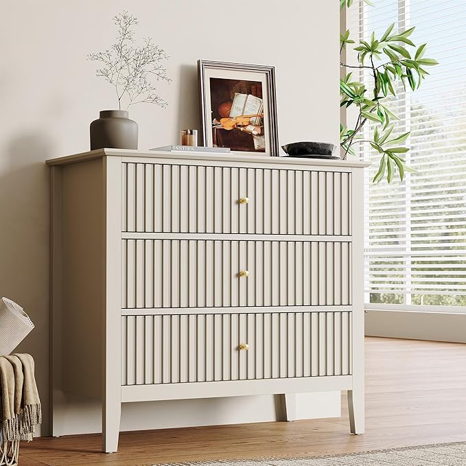 RoyalCraft 32" Large Nightstand, Fluted Painted Bedside Table with 3 Spacious Drawers, Modern Tall End Table for Bedroom, Beige