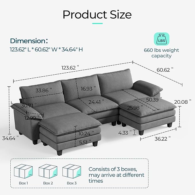 LINSY HOME 123" Modular U-Shaped Sectional Sofa, 3-Seat Corduroy Modern Cloud Couch with Deep Seat & 2 Movable Ottoman, Perfect for Living Room, Office, Bedroom, Grey