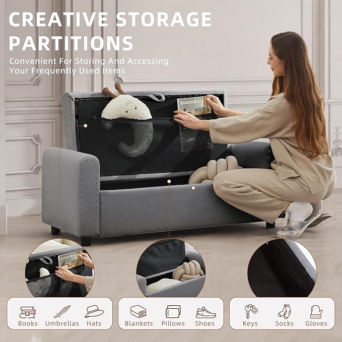 48" Ottoman with Storage, Tufted Storage Ottoman Bench, Convenient Living Room Fabrics Bench Seat, Entryway Shoe Benches with Inner Zipper&Arm, Upholstered Window Seat Ottomans with Rivets, Dark Grey