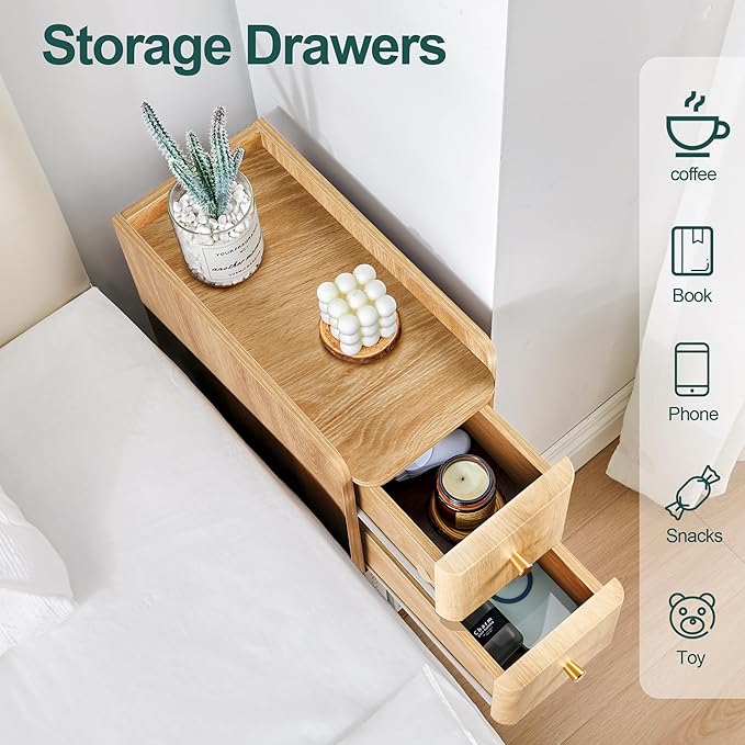 Narrow End Table Bedroom, Wooden Small 2 Drawer Nightstand, Thin Couch Side End Table, Skinny Bedside Table Small Spaces, Mid Century Modern Night Stand with Drawers (Natural-1 pc)