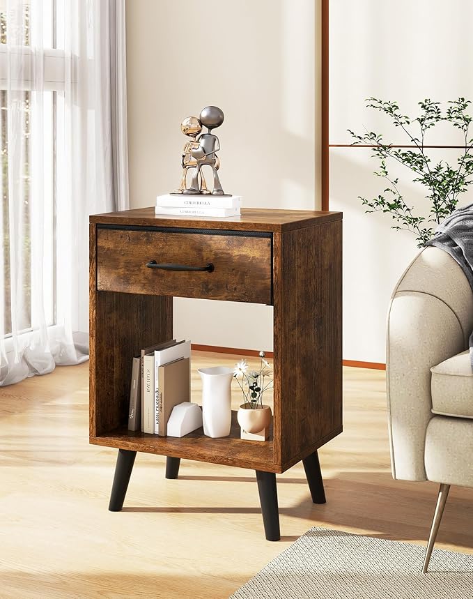 YMYNY Nightstand Set of 2, Bedside Table, Side Table with Fabric Drawer, Handle and Open Compartment, Solid Wood Legs, Wooden Coffee Table for Bedroom, Rustic Brown UHST020H-2