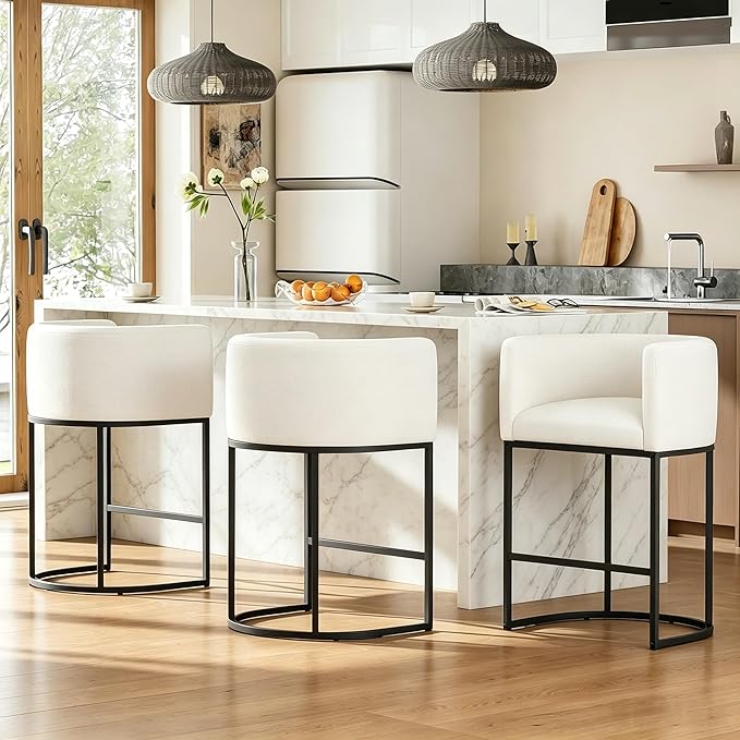 26" H Counter Height Bar Stools Set of 4, Modern Barrel Counter Stools with Backrest and Arms, Linen Fabric Upholstered Accent Barstools for Kitchen Island,Support 450 LBS (White)