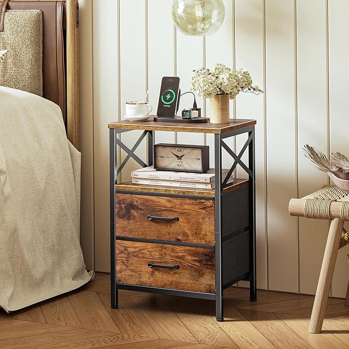 Huuger Night Stand with Charger Station, 2 Drawer Nightstand with Open Shelf, Bed Side Table with USB-C Port, End Table, Compact Size for Small Spaces, X Shaped Side Rail, Rustic Brown