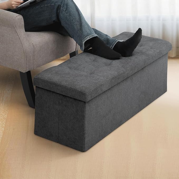 MoNiBloom 43 Inches Folding Storage Ottoman Bench, Storage Chest, Padded Seat, End of Bed Bench, Linen Fabric Ottoman Footrest for Living Room, Bedroom, Entryway, Dark Gray
