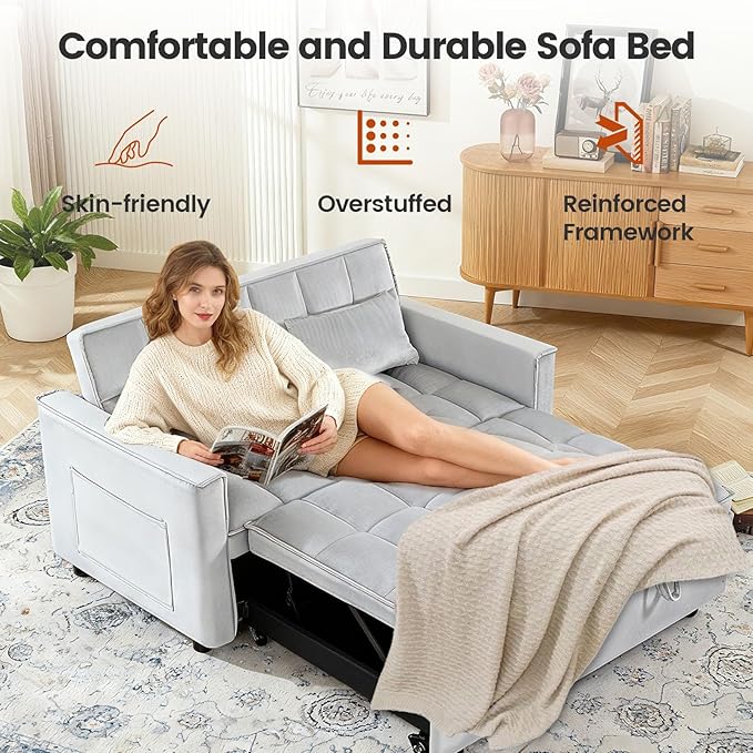 3 in 1 Convertible Sleeper Sofa Bed, Velvet Fabric Loveseat Sofa Bed with Adjustable Backrest & Large Side Pockets, Pull Out Couch for Small Spaces, Apartment, Living Room, Gray
