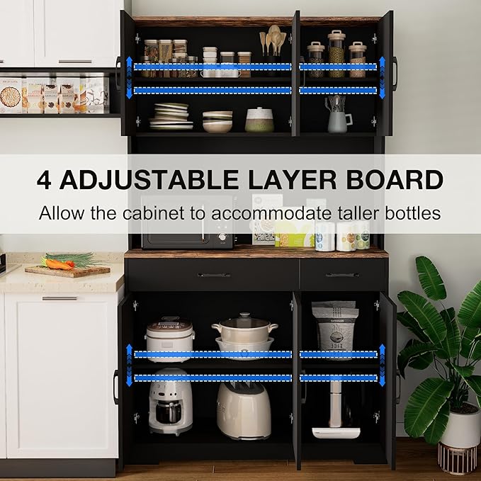 71" Kitchen Pantry Cabinet with Charging Station, Pantry Storage Cabinet Large Kitchen Hutch with Microwave Stand, Coffee Bar Station with Doors and Adjustable Shelves, Black and Brown
