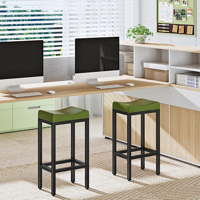 HOOBRO Bar Stools, Set of 2 Bar Chairs, Counter Height Stools, Saddle Barstools with Curved Surface, 24.8 Inches, 2.4" Thick Upholstery, for Kitchen, Dining Room, Cafe Forest Green and Black JB10BY01