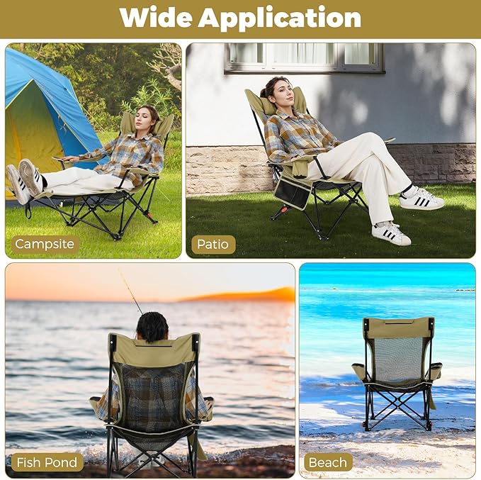 Goplus Camping Lounge Chair w/Detachable Footrest, Folding Beach Chair w/4-position Backrest, Carrying Bag, Removable Pillow, Cup Holder, Storage Pouch, Reclining Chair, 330LBS Capacity (Green,1)