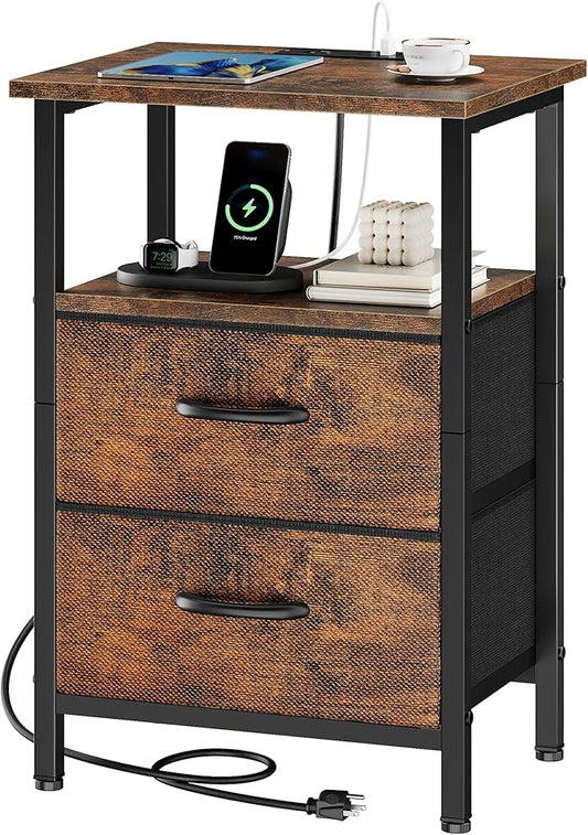 Vagusicc Nightstand with Charging Station, Small Night Stand with Fabric Drawers for Bedroom, End Table, Bedside Table with USB Ports & Outlet, 24.2" Tall Bed Side Table with Open Shelf, Rustic Brown