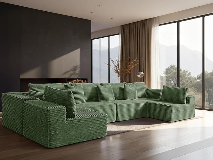 138" Cloud Sectional Couch, Comfort U Shaped Sofa for Living Room, Extra Deep Seats No Assembly, Minimalist Modular Couch, Corduroy (Olive Green, 6 Seats,U-Shape B)