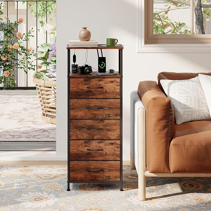 Somdot Tall Nightstand with Charging Station and LED Light for Bedroom, 5 Drawers Dresser with Fabric Bins for Bedside Kids Dorm Room Closet Laundry Entryway, Wood Grain Print