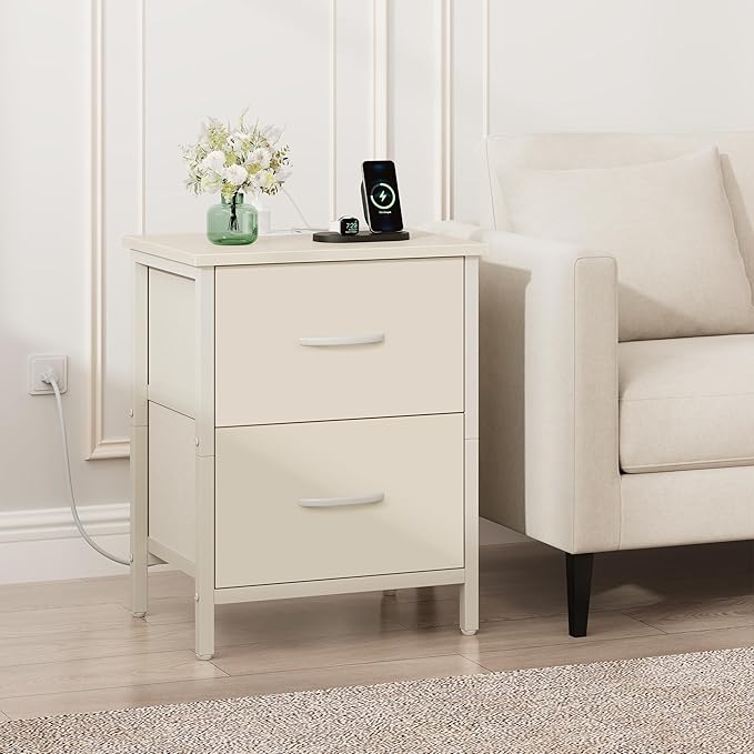 Vagusicc Nightstand with Charging Station, Bedside Table with USB Ports and Outlet, End Table Side Table with 2 Fabric Drawers for Bedroom, Living Room, Beige