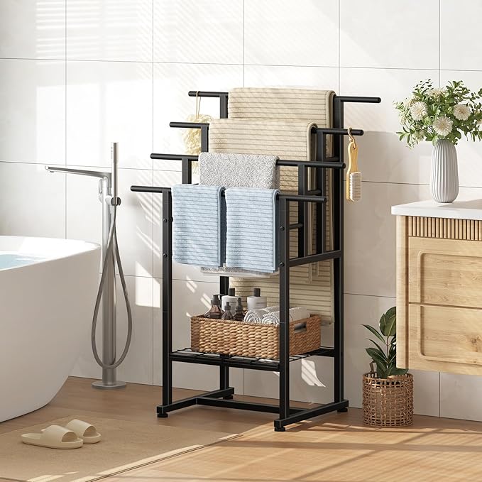 HOOBRO 4-Tier Freestanding Towel Rack, 28.3" L x 15.7" W x 41.3" H, Pool Towel Rack Outdoor, Metal Bathroom Storage Organizer with Bottom Shelf, Standing Blanket Rack, Industrial Style, Black BK16LB01