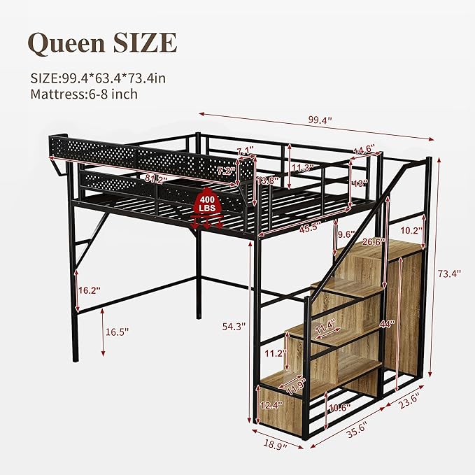 Queen Size Metal Loft Bed with LED Lights and USB Charging Port, Storage Shelf, Reversible Storage Stairs with Wardrobe, Heavy Duty Noise-Free Design, Large Under Bed, No Box Spring Needed