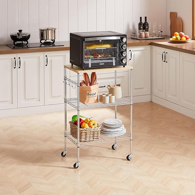 BolDuck 450Lbs Capacity Microwave Cart with Wheels, 3 Tier Rolling Cart with Adjustable Shelves, Multifunctional Metal Utility Storage Kitchen Carts on Wheels, 23.6" L*15.7" W*37" H, Wood+Chrome