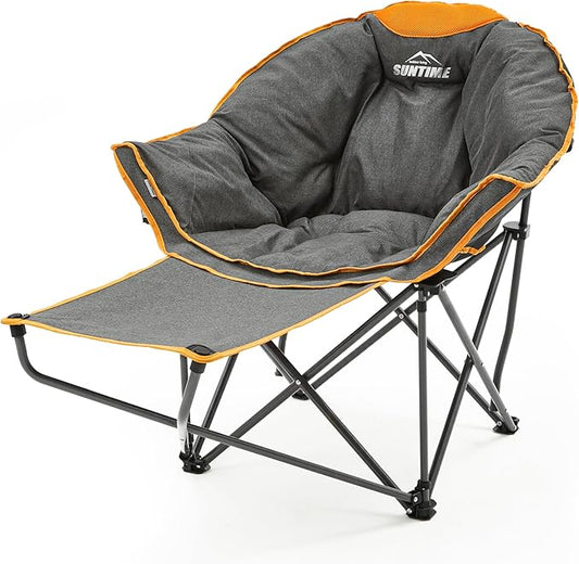 OUTDOOR LIVING SUNTIME Oversized Padded Comfy Camping Chair with Removable Footrest，Weight Capacity 400LBS, Heavy Duty Moon Round Leisure Folding Chair for Camping, Hiking, Carry Bag, Orange
