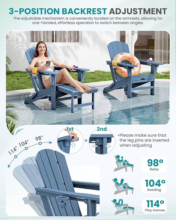 SERWALL Folding Adjustable Adirondack Chairs with Footrest Set of 2, HDPE Outdoor Chair with Dual Cup Holders, All Weather Adirondack Chair with Ottoman, Blue