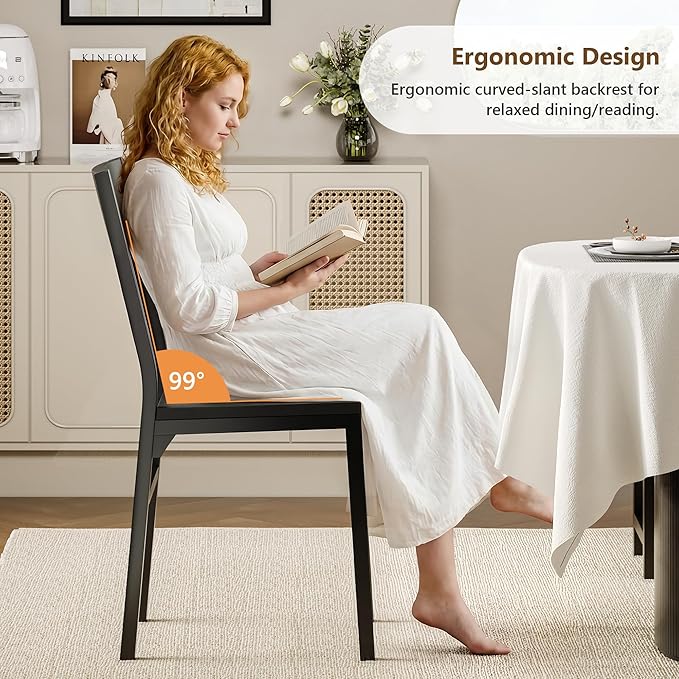 Feonase Dining Chairs and Benches Set of 4, Modern Dining Room Chairs with Ergonomic Backrest, Wood Structure & Metal Legs, for Kitchen, Dining Room, Space-Saving, Easy to Assemble & Clean, Black