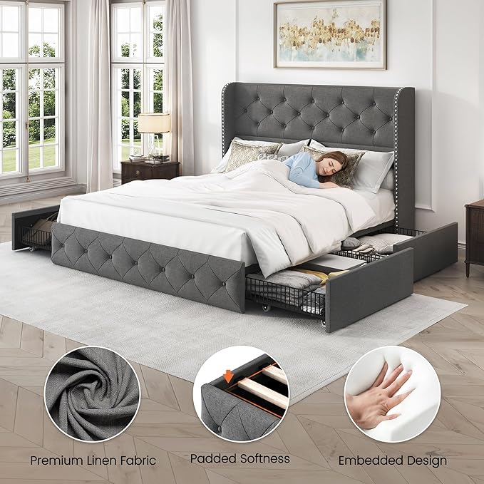 LARMACE Full Size Bed Frame with 4 Storage Drawers and 47.2" Tall Wingback Headboard Linen Upholstered Platform Bed Frame Tufted Beds with Wooden Slats Support, Easy Assembly, Light Grey