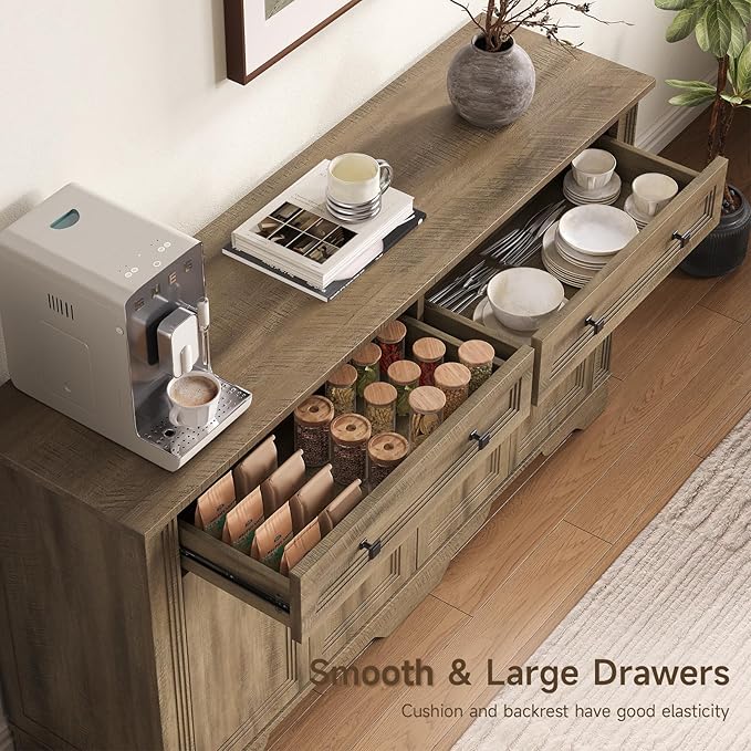 ONBRILL 55" Sideboard Buffet Cabinet, Kitchen Buffet Storage Cabinet, Large Credenza with Drawers & Doors, Wood Coffee Bar Console Wine Bar for Living Room Hallway Washed Brown