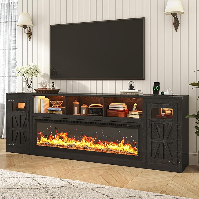 Fireplace TV Stand for 100 Inch TV, 95" Farmhouse Entertainment Center with 60" Electric Fireplace & LED Lights, Large Media Console for Living Room, Rustic Barn Doors, Power Outlets,Black