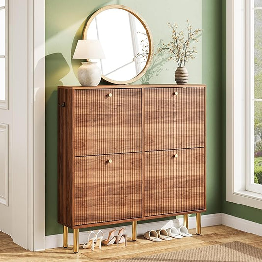 Nicetree Shoe Storage Cabinet for Entryway - 4 Flip Drawers Shoe Cabinet with Tiered Fluted Design - Slim Shoe Storage Rack with Gold Legs - Narrow Shoe Cabinet Hidden Shoe Organizer for Small Spaces