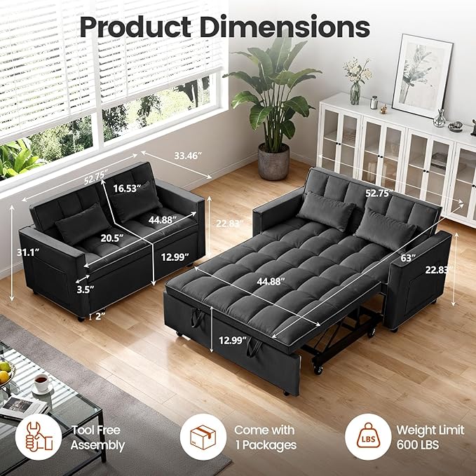 3 in 1 Convertible Sleeper Sofa Bed, Velvet Fabric Loveseat Sofa Bed with Adjustable Backrest & Large Side Pockets, Pull Out Couch for Small Spaces, Apartment, Living Room, Black