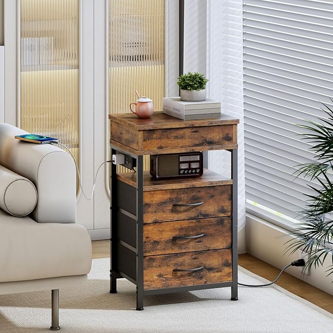HOOBRO Nightstand with Charging Station, Bedside Table with Fabric Drawers, End Table with Lockable Hidden Compartment, 2 AC Outlets, 1 USB-A, 1 Type-C, for Bedroom, Rustic Brown and Black BF143UBZ01