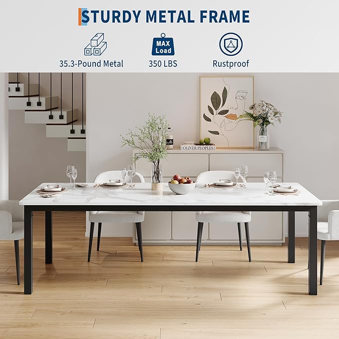 GarveeHome 78.7 in Industrial Dining Table for 6, Wooden Long Dinner Table with Mortise Tenon Design, Kitchen Table with Sturdy Metal Legs, for Dining Room Home Office Living Room, White