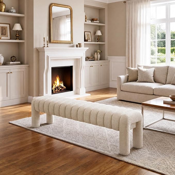 63’’ Bedroom Bench, Upholstered End of Bed Bench with Solid Wood Legs, Modern Cushioned Dining Bench with Full Covered Fabrics for Entryway, Bedroom, Living Room (Beige, Linen)