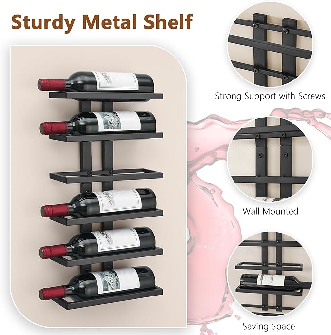 Hoctieon 3-Set 6 Tier Wall Mount Wine Rack (18 Tiers), Wall Racks for Wine Bottles Display and Storage, Hanging Bottle Organizer for Living Room, Dining Room, Wine Cellar, Bar, Black