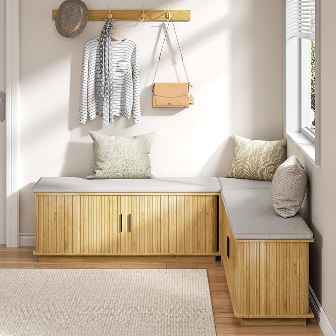 L Shaped Breakfast Nook Bench with Cushion, Kitchen Corner Bench with Hidden Storage, Backless Corner Dining Benches for Kitchen Dining Room Entryway