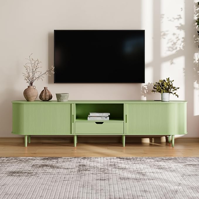 DHH 86.6" Fluted TV Stand with Power Outlet for TVs up to 90", TV Console with Adjustable Shelves and Sliding Door,Mid Century Modern Entertainment Center for Living Room,Bedroom (Green, 86.6Inch)