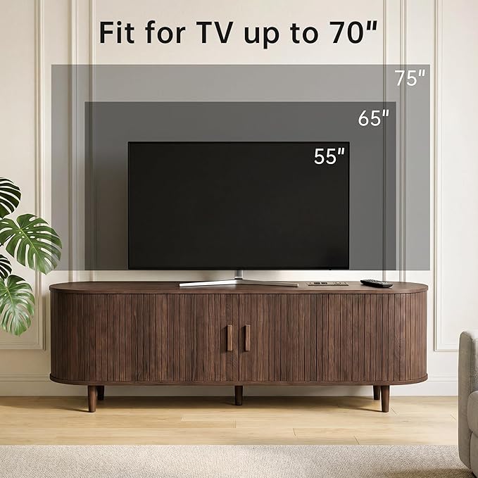 65" Mid Century Modern TV Stand, Wood TV Consoles with Sliding Doors and Power Outlet, Fluted Entertainment Center with Adjustable Shelves, Media Console for Living Room, Walnut
