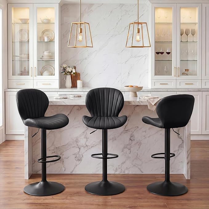 GRUSIGN Bar Stools Set of 4, Modern Swivel Adjustable Bar Chairs, Faux Leather Upholstered Counter Height Bar Stools with Backrest, Comfort Barstools for Kitchen Island, Home Bar, Black