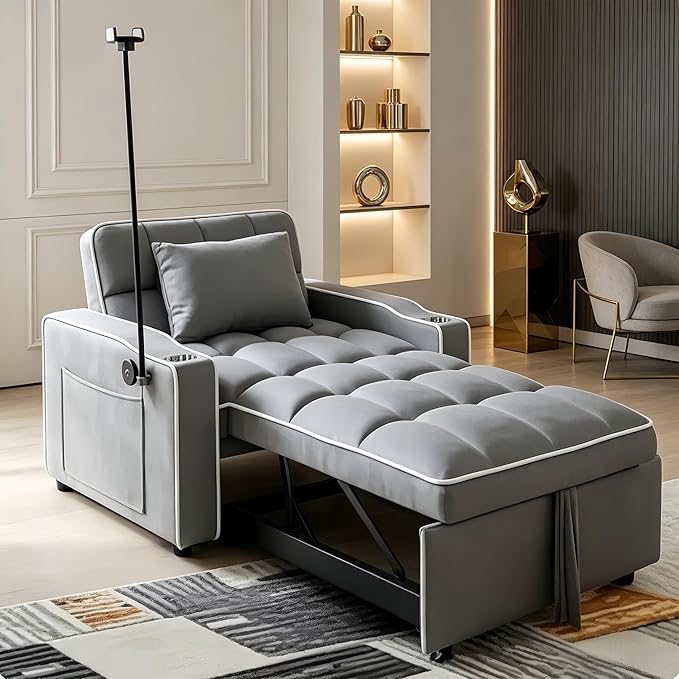 Sleeper Chair, Convertible Pull Out Chair Sleeper with Bracket and Cup Holder, Chairs Bed Sleepers with USB Ports for Adults, 3 in 1 Single Sofa Bed for Small Spaces, Living Room, Gray