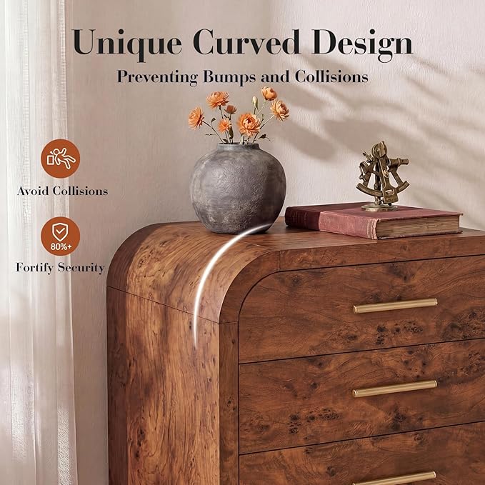 Farmhouse Nightstand, 23.5" Curved Modern Night Stand with 3-Drawer, Bedside Table, End Table for Bedroom, Storage Cabinet for Home Office Entryway, Dark Burl