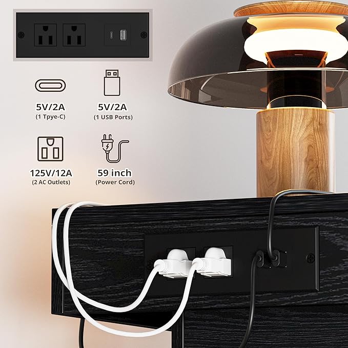 LIKIMIO Night Stand with Charging Station, Modern Black Nightstand with LED Light and Drawers, Bedside Tables/End Table for Bedroom