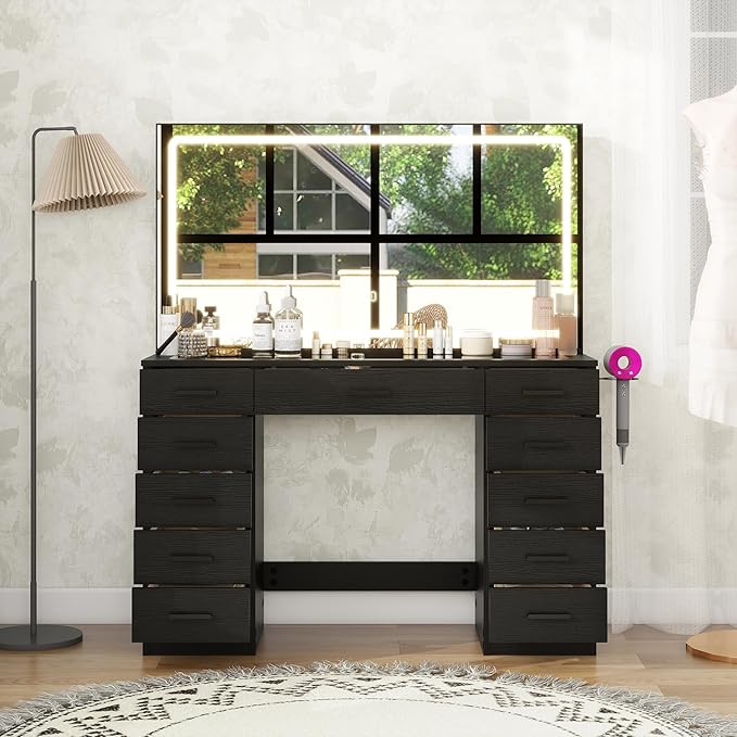 Panana Vanity Desk with 11 Drawers, Glass Top Makeup Table with Mirror and LED Lights Vanity with Stool 3 Lighting Modes Brightness Adjustable Dressing Table with Power Outlet (Black)