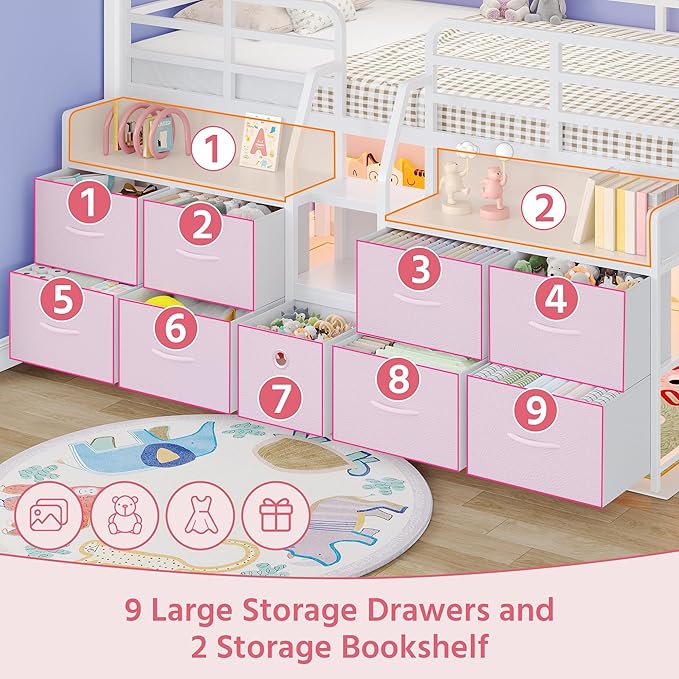 Dnxao Low Loft Bed Twin with 9 Drawers 2 Storage Bookcases,Twin Bed Frame for Kids with LED Lights and Charging Station,Twin Loft Bed with 15" H Safety Guardrail for Small Bedroom,White